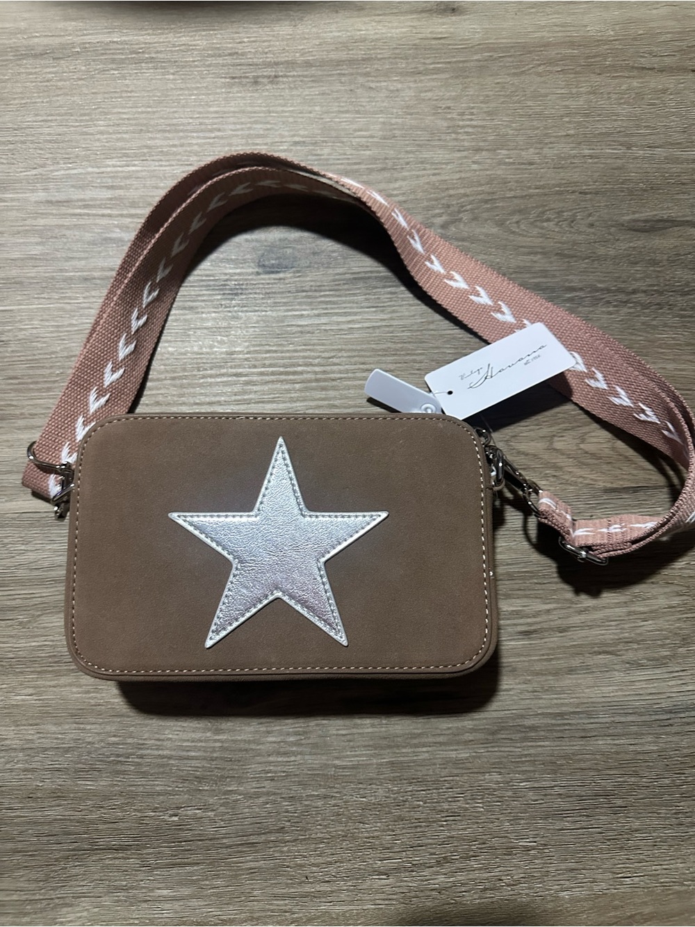 Vintage Havana Brown Crossbody with Silver Star and Pink Strap
